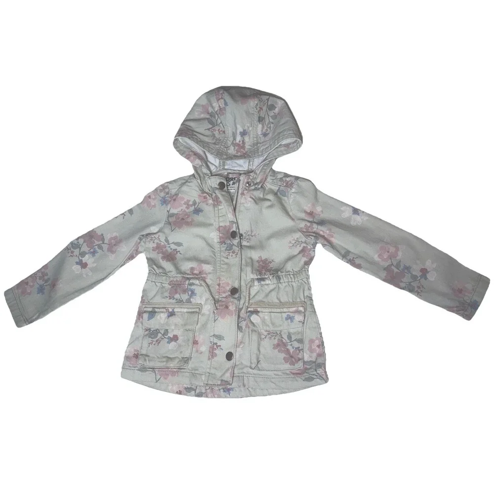 Girl 4T Oshkosh B'gosh Denim Jacket Beige Pink Blue Floral drawstring Waist